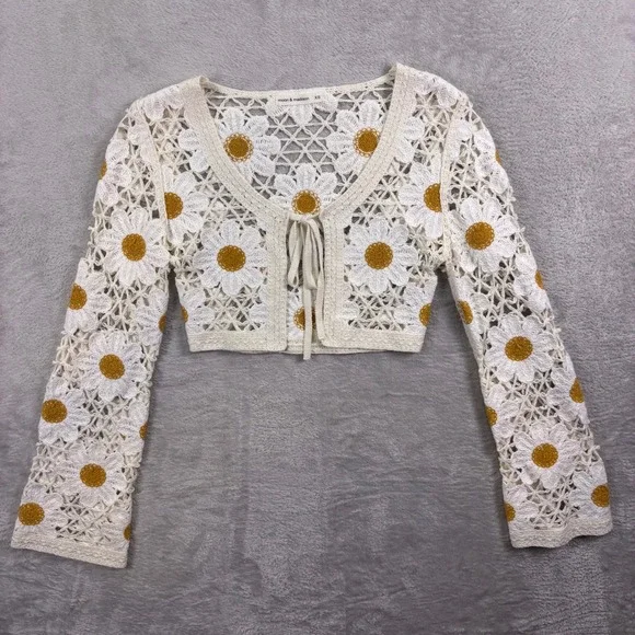 Moon & Madison Cardigan Women XS Cream Daisy Crochet Cropped Tie Front ST21077 - Picture 5 of 8